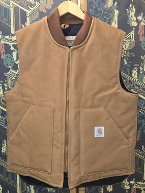 Vintage Carhartt Duck Vest Brown Quilt Lined Workwear Distressed USA Large